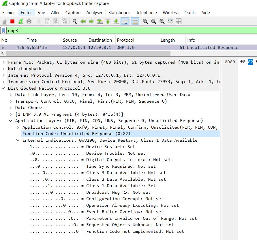 DNP3 unsolicited response packet capture showing device restart and Class 1 data availability.