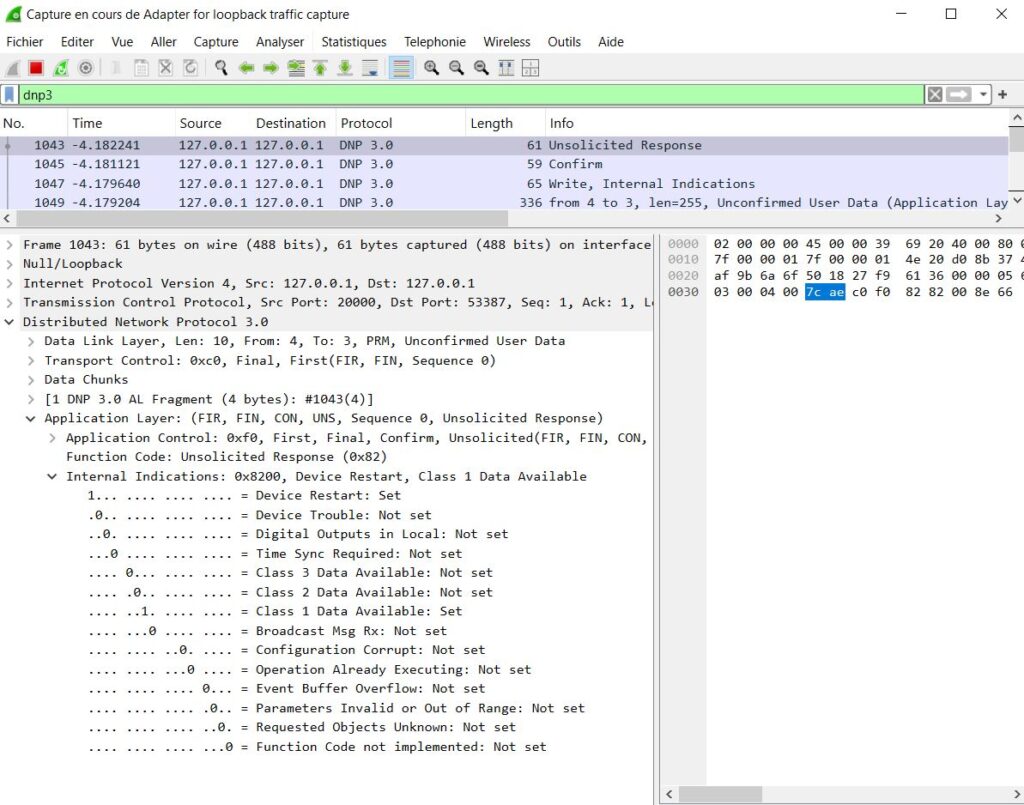 Wireshark capture shows a DNP3 Unsolicited Response with a DNP3 IIN