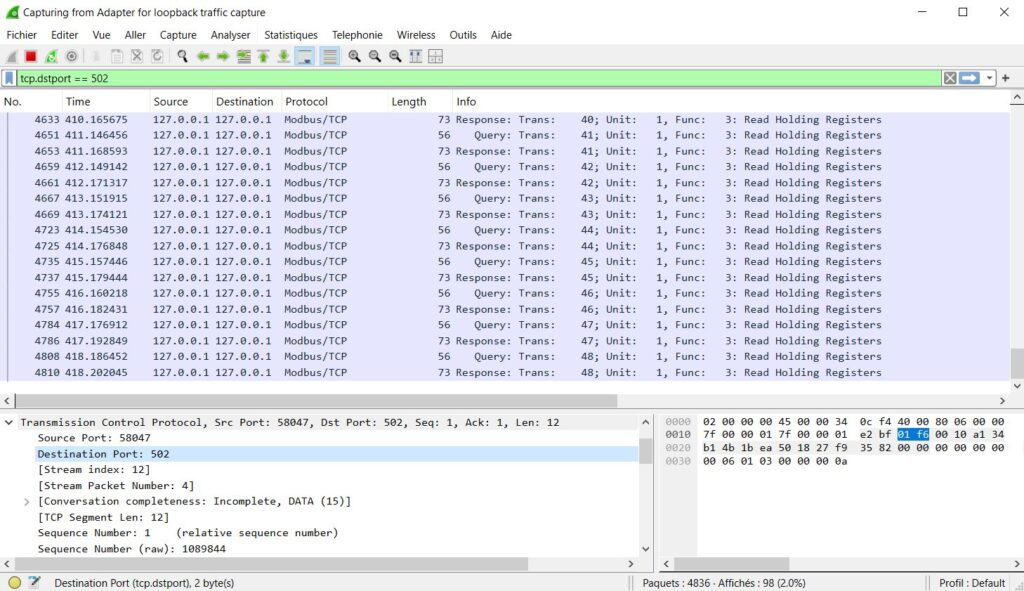Wireshark capture showing Modbus queries and responses on Modbus TCP/IP Por 502.