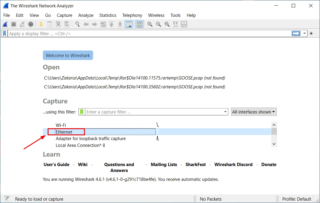 Select the Ethernet interface that carries your GOOSE traffic.