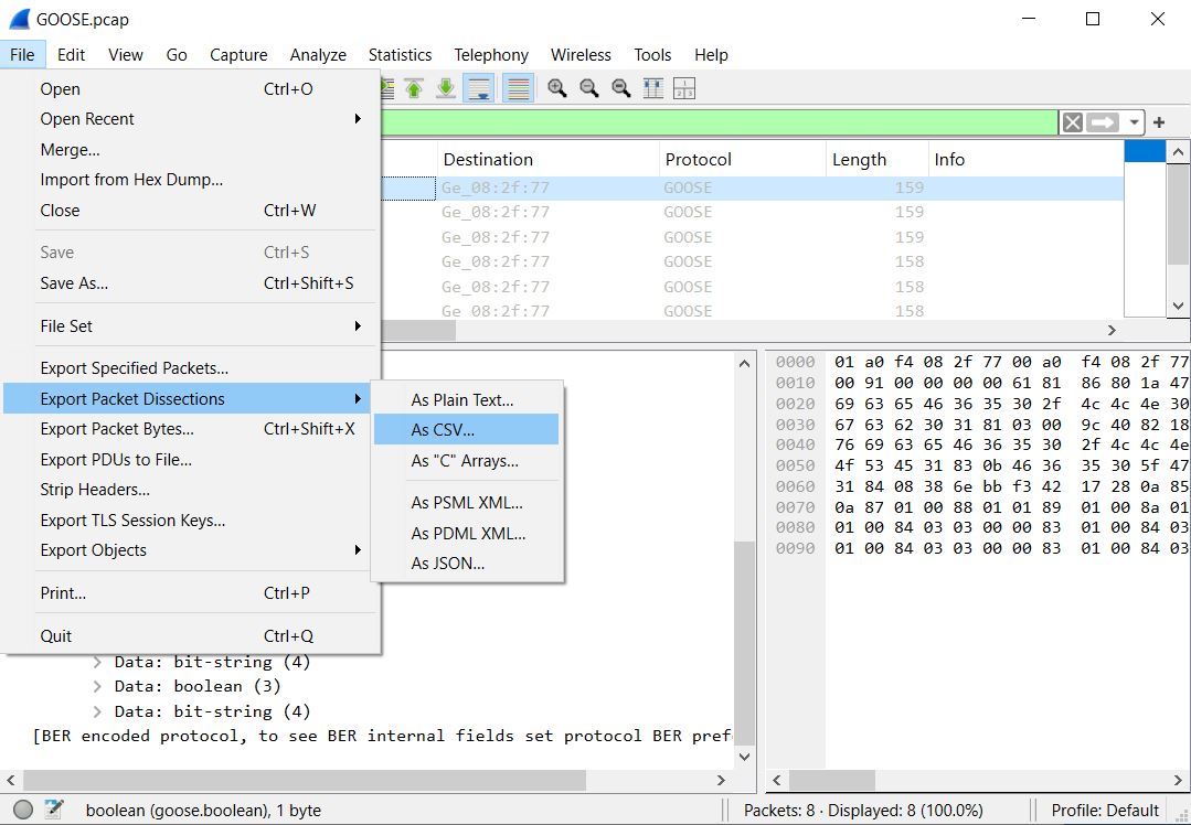 Exporting GOOSE packet dissections to CSV