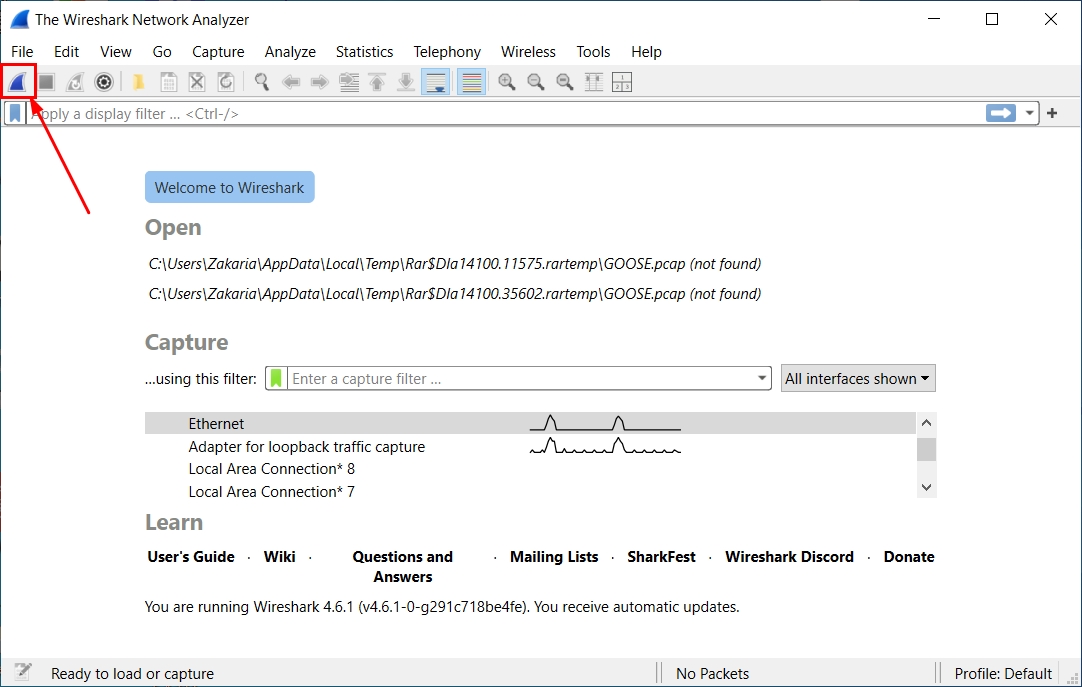 Click the blue shark fin icon to begin capturing packets.