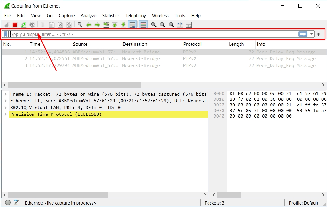 This is where you enter the display filter ‘goose’ to show only GOOSE traffic.