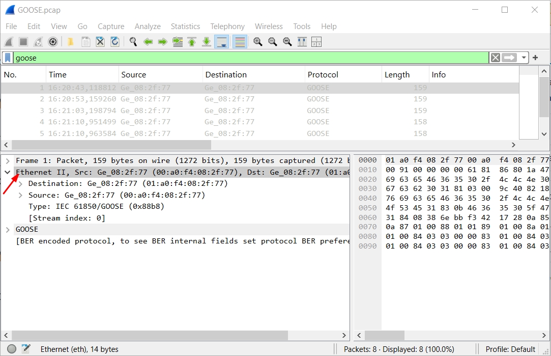 Ethernet II header showing GOOSE EtherType (0x88B8)