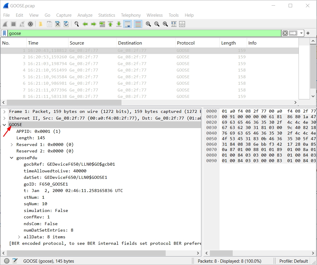 Decoding the GOOSE PDU in Wireshark