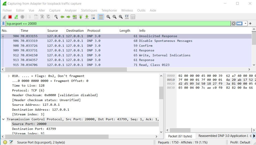 Example of DNP3 communication over TCP port 20000 captured in Wireshark. The capture shows DNP3 3.0 messages such as Unsolicited Response, Confirm, and Read operations transmitted between a SCADA master and remote device over the loopback address (127.0.0.1)