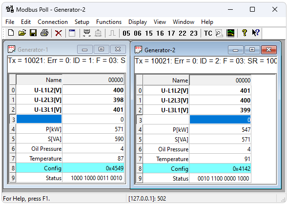 Example of Modbus Register Values Shown in Different Display Formats