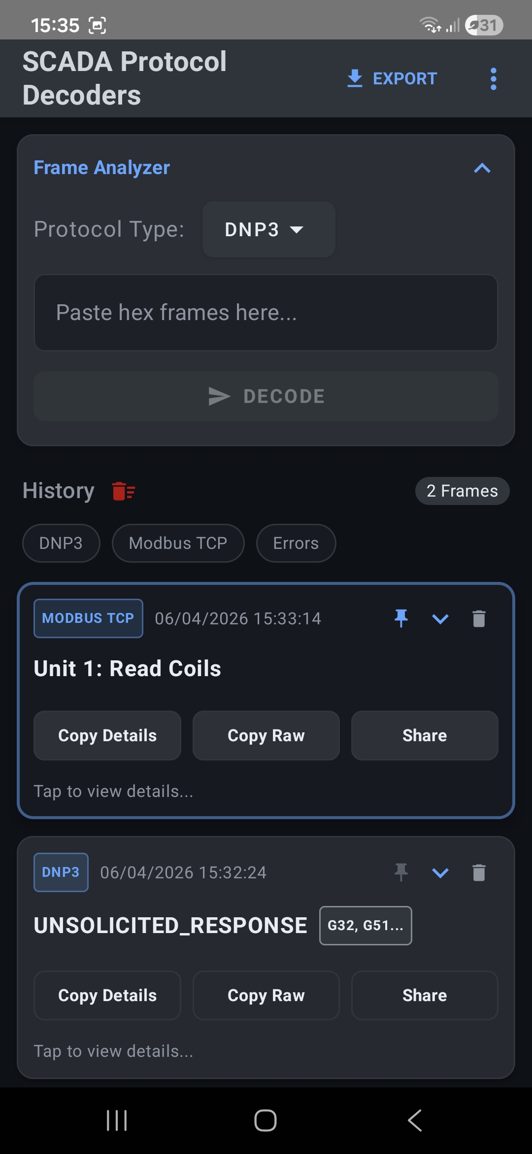 SCADA Protocol Decoders Features